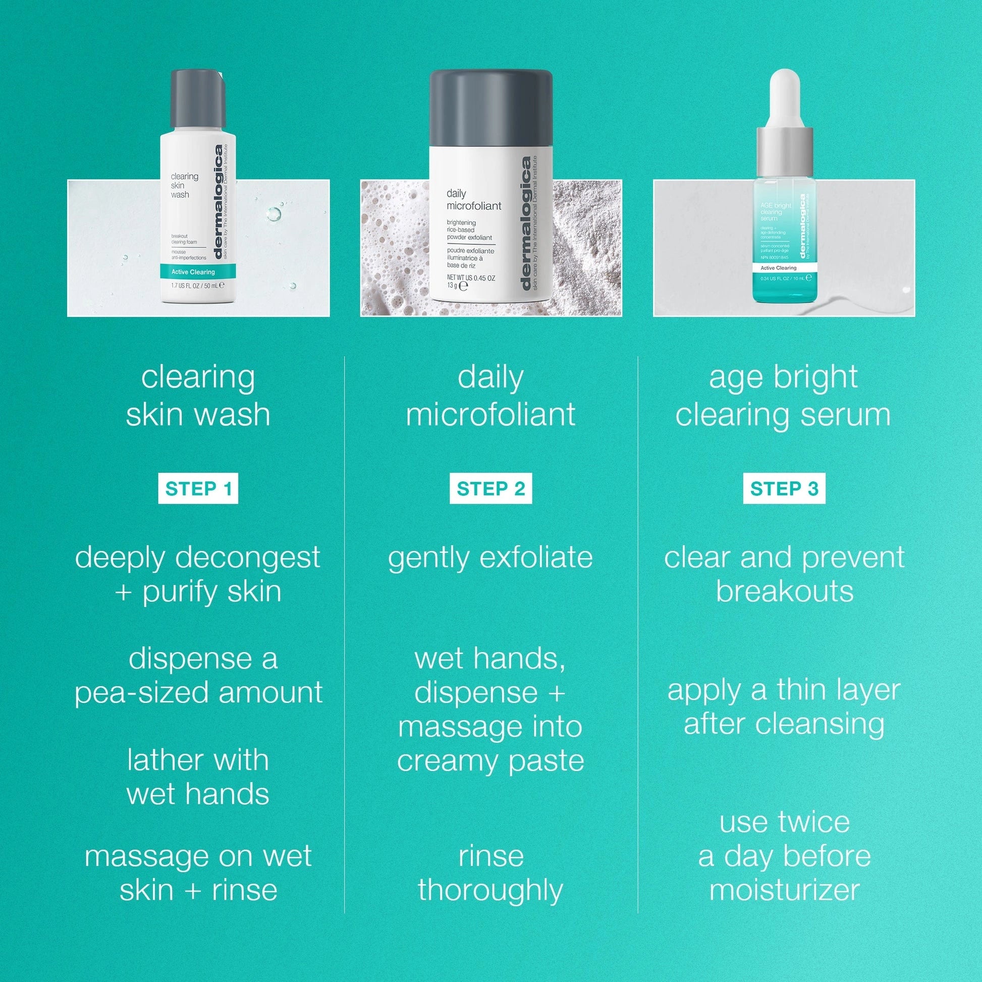 Dermalogica Clear + Brighten Kit 73ml met stappen voor het gebruik van clearing skin wash, daily microfoliant en age bright clearing serum