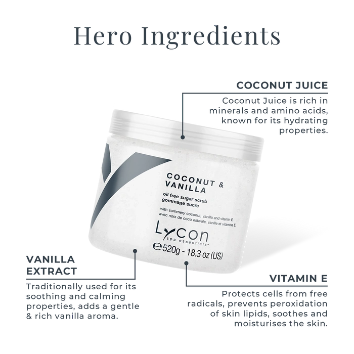 Lycon Coconut & Vanilla Sugar Scrub 520g met hero ingrediënteninformatie en opvallende verpakking.