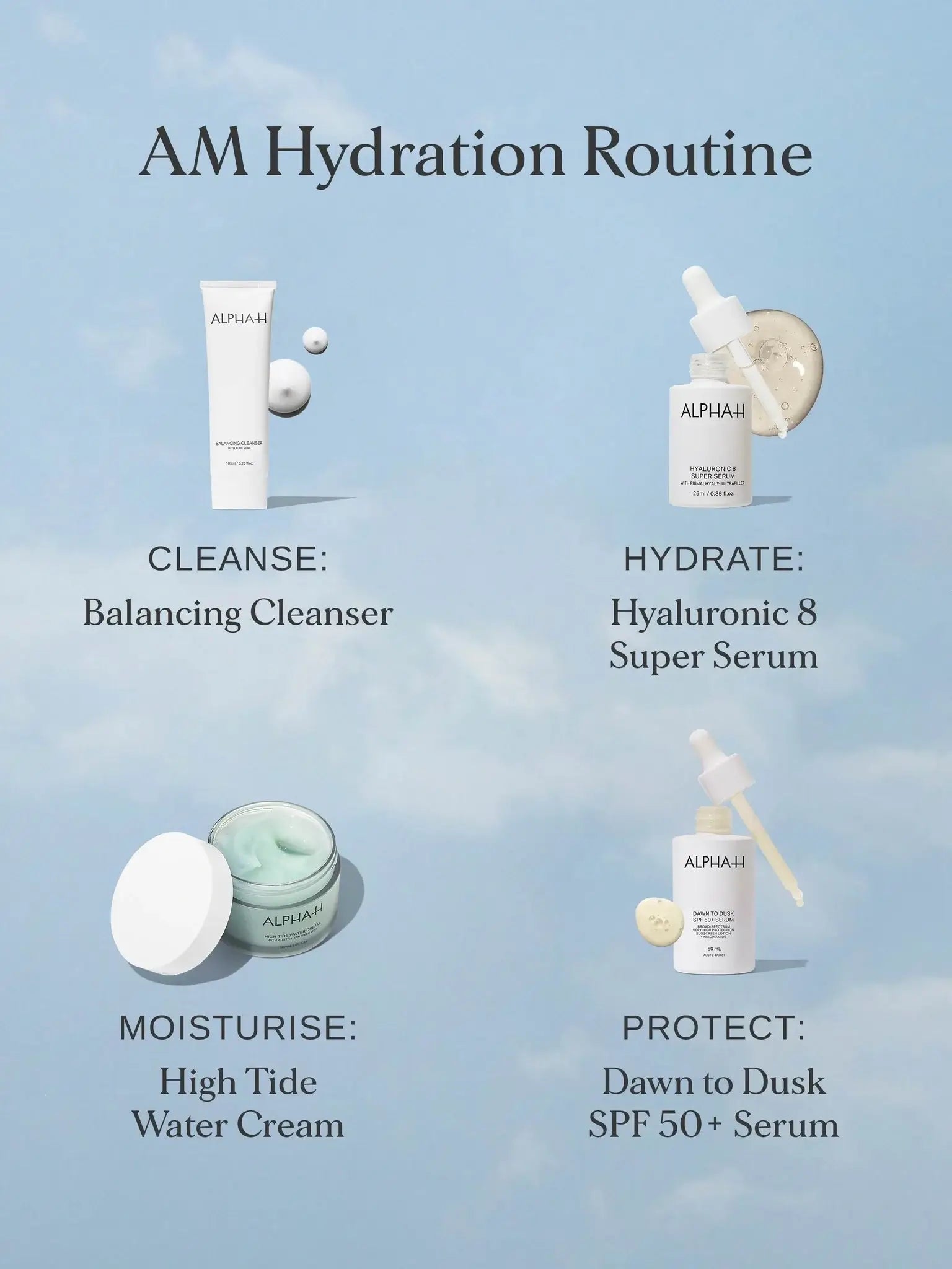 Alpha-H Hyaluronic 8 Super Serum 25ml in AM Hydration Routine for ultimate hydration and skin plumping.