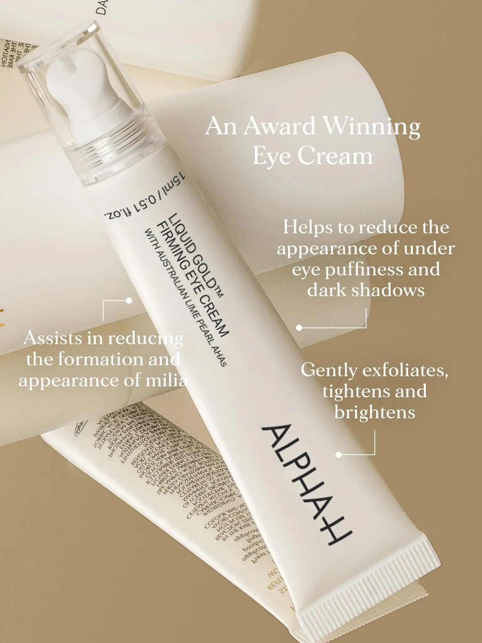 Alpha-H Liquid Gold Firming Eye Cream 15ml, oogcrème met peptiden en AHA's, vermindert wallen en rimpels.