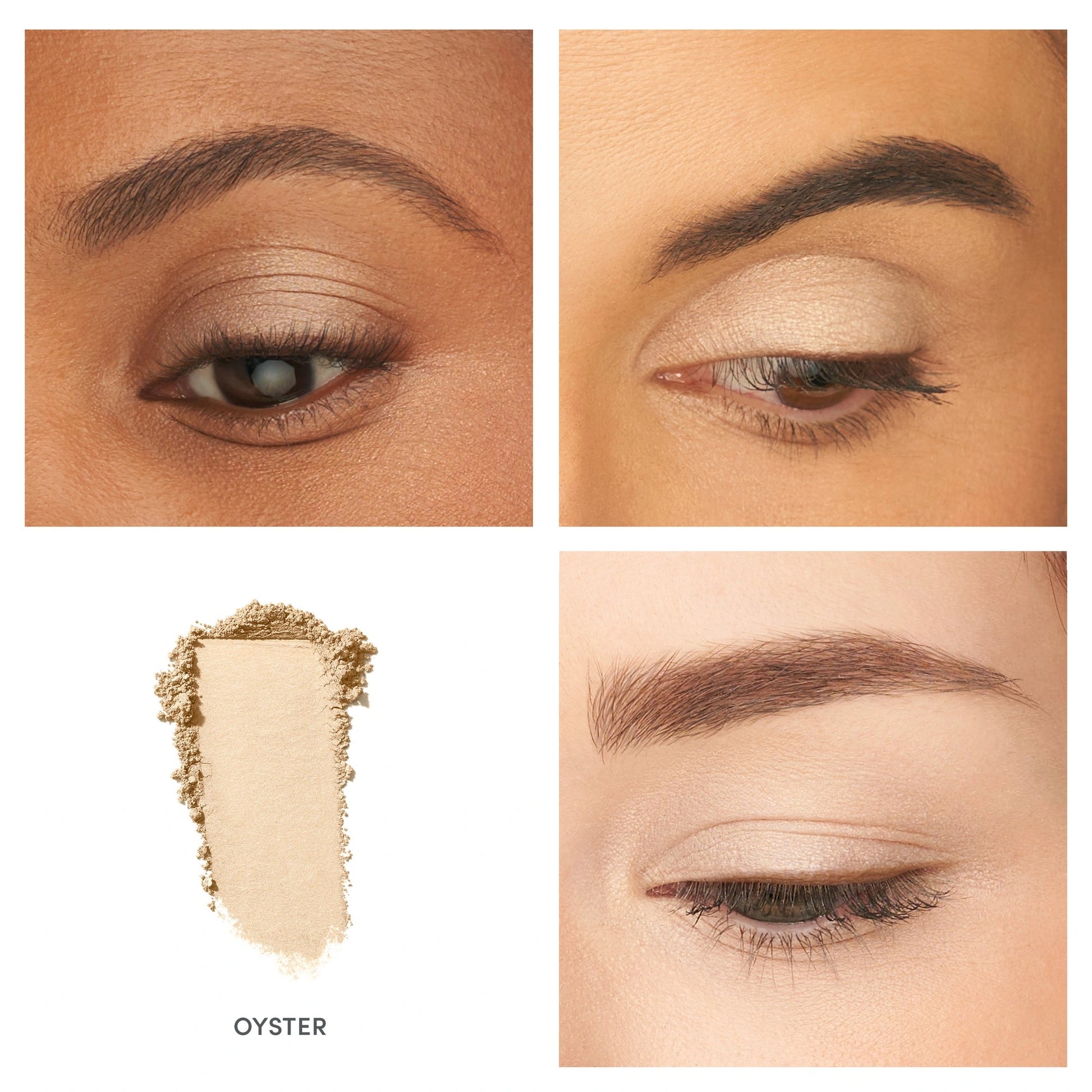 Jane Iredale PurePressed Eye Shadow Single Oyster 1,3g met iriserende pearl-tint op verschillende ooglooks en swatch