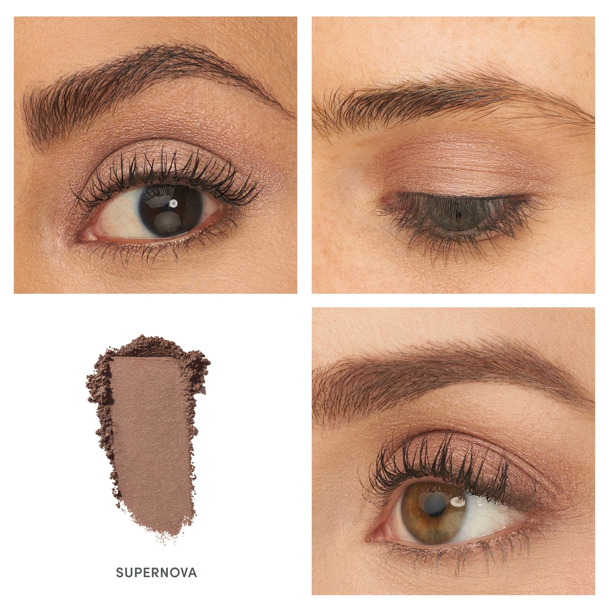 Jane Iredale PurePressed Eye Shadow Single Supernova 1,3g, shimmery koper-aubergine oogschaduw in close-up met applicatie op ogen.