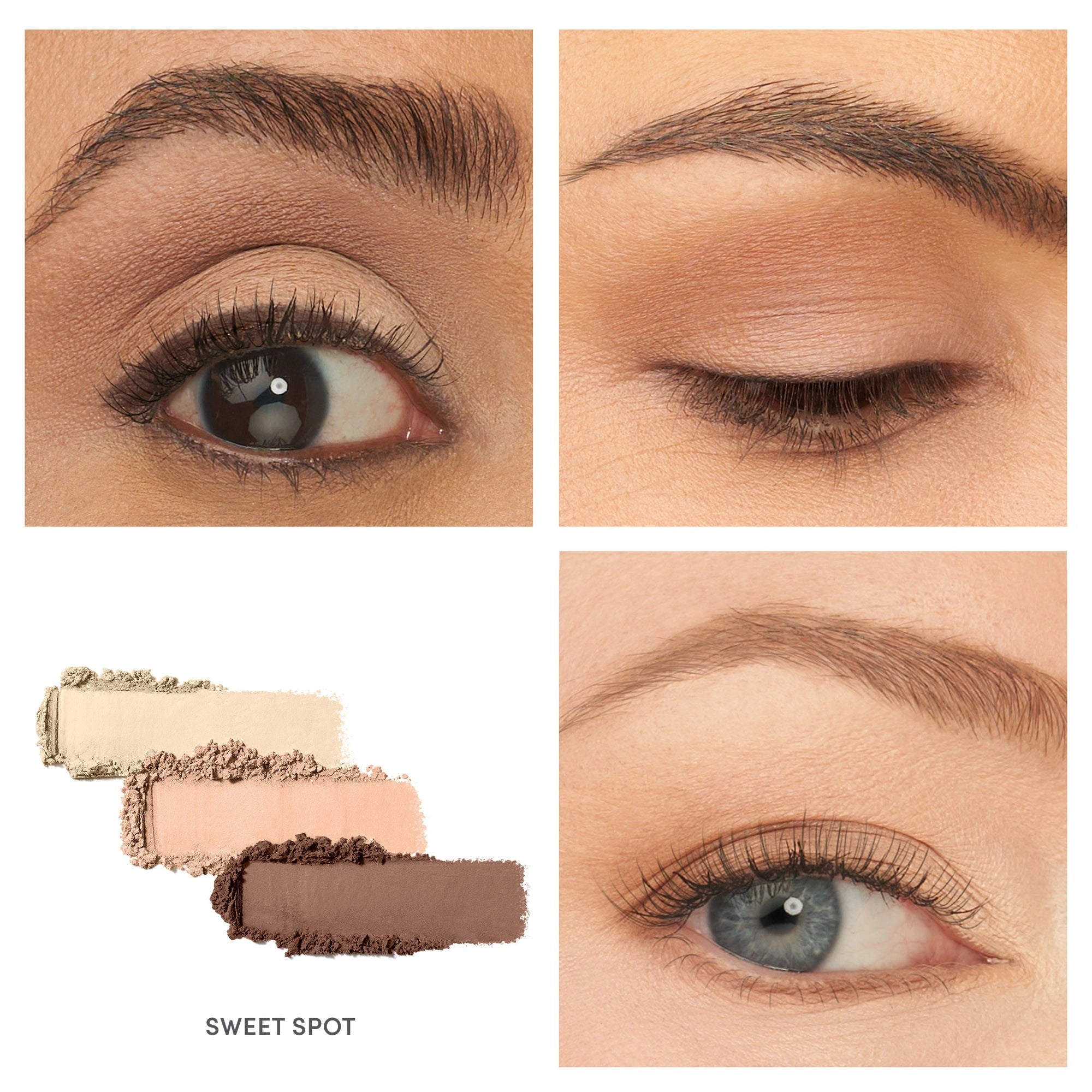 Jane Iredale PurePressed Eye Shadow Triple Sweet Spot 2,1g met drie matte neutrale oogschaduw tinten op close-up foto's.