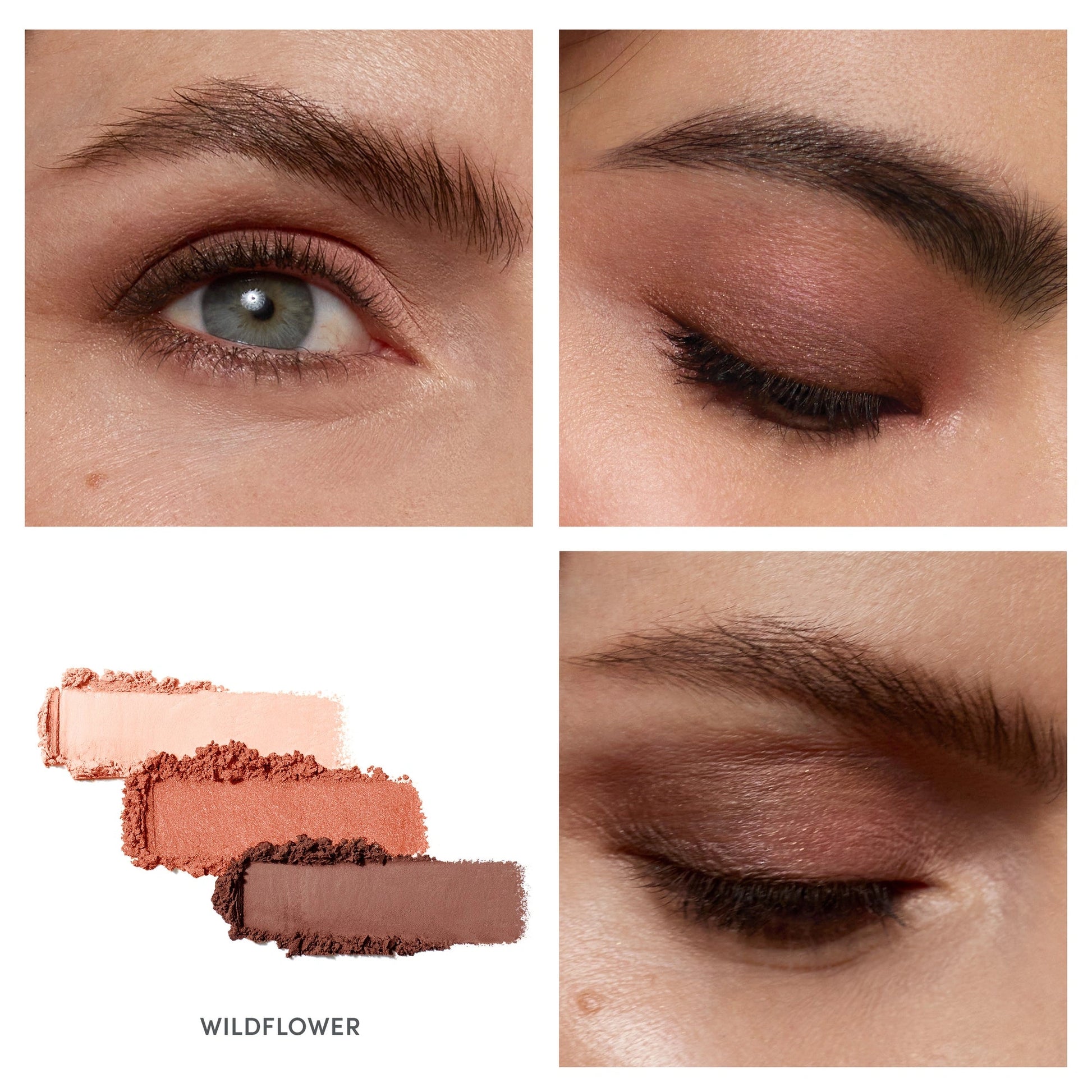 Jane Iredale PurePressed Eye Shadow Triple Wildflower 2,1g met zachte perzik, metallic koraal en matte chocoladebruin.