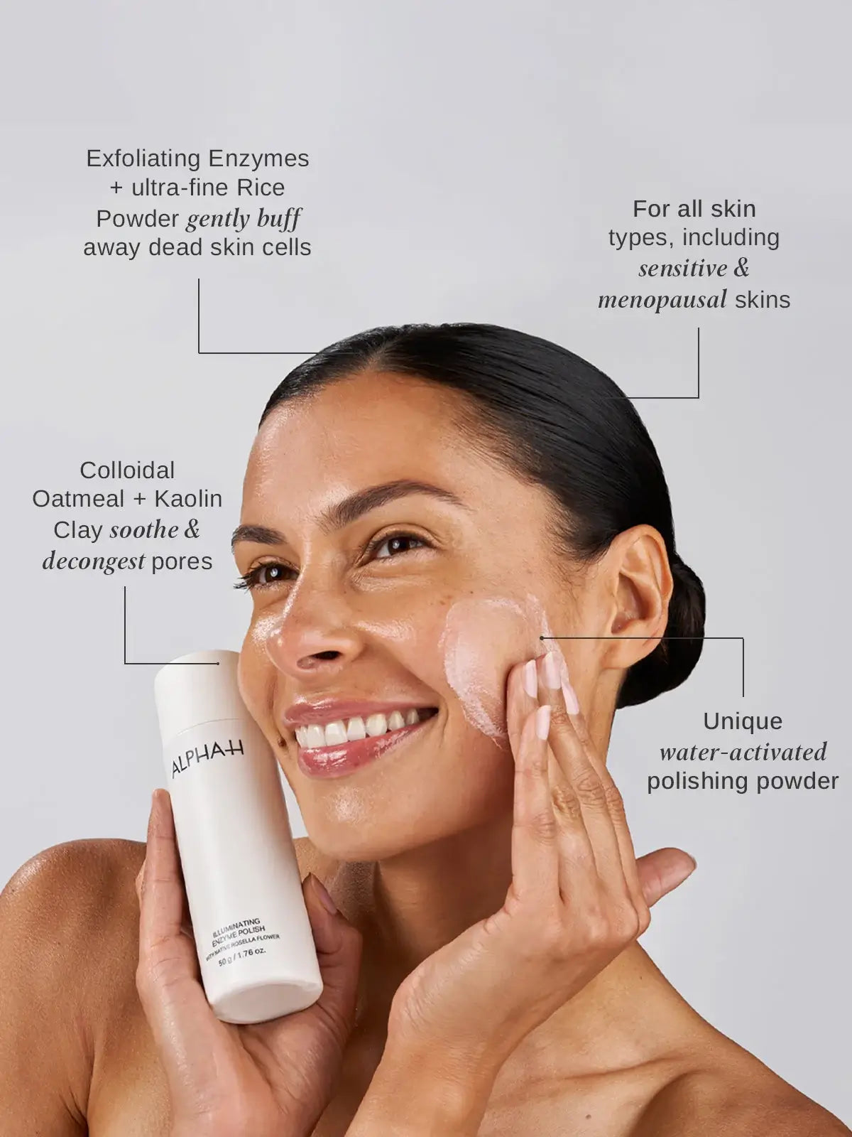 Alpha-H Illuminating Enzyme Polish 50g, een polijstende exfoliant voor een stralende huid, ideaal voor gevoelige en menopauzale huidtypes.