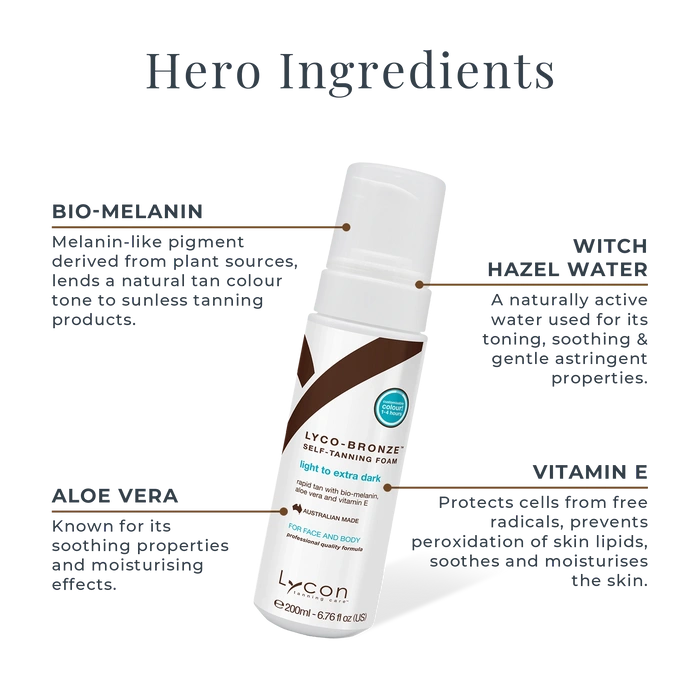 LYCO-BRONZE Self-Tanning Foam 200ml met hero ingrediënten en gebruiksinformatie voor een gezonde, bronzed teint.