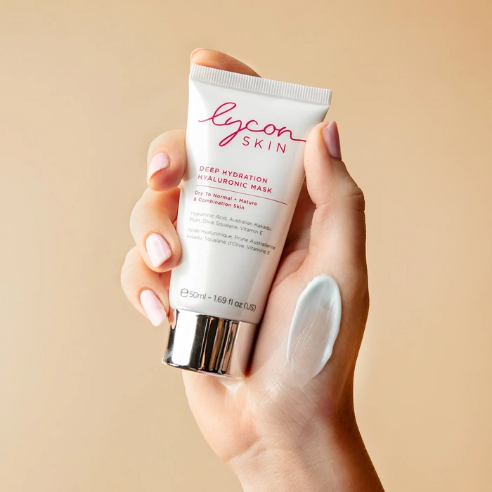 LYCON Skin Deep Hydration Hyaluronic Mask 50ml in hand with creamy texture, ideal for intense hydration and skin nourishment.
