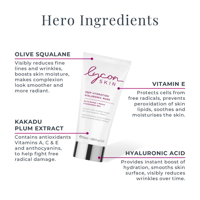LYCON Skin Deep Hydration Hyaluronic Mask 50ml met ingrediëntinformatie en gebruiksinstructies op een lichte achtergrond
