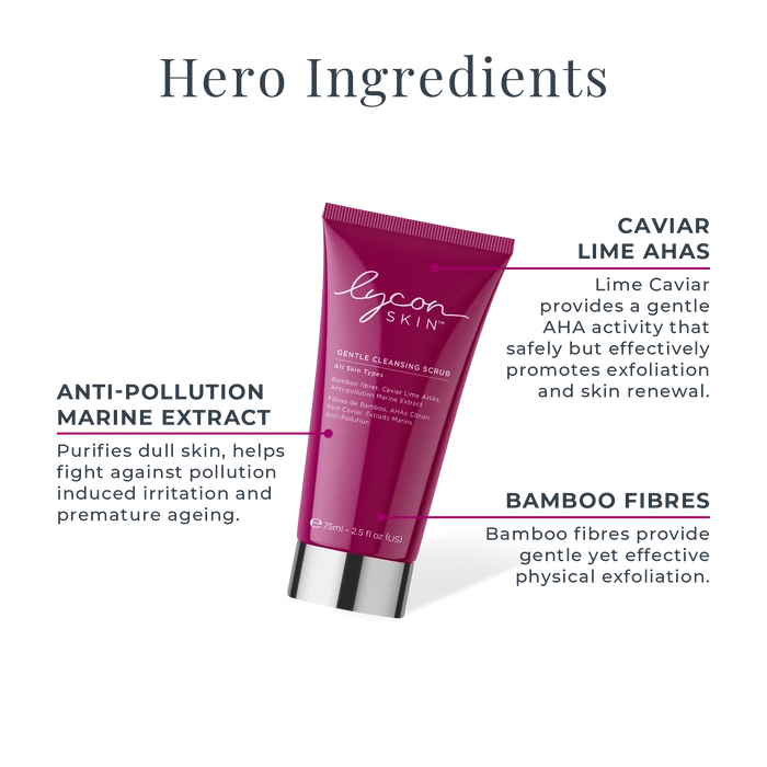 LYCON Skin Gentle Cleansing Scrub 75ml tube with hero ingredients highlighted, featuring bamboo and lime caviar.