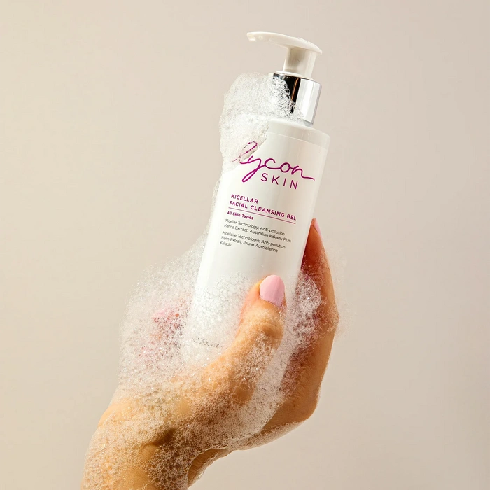 LYCON Skin Micellar Facial Cleansing Gel 200ml in a hand with foamy texture, perfect for gentle cleansing of all skin types.
