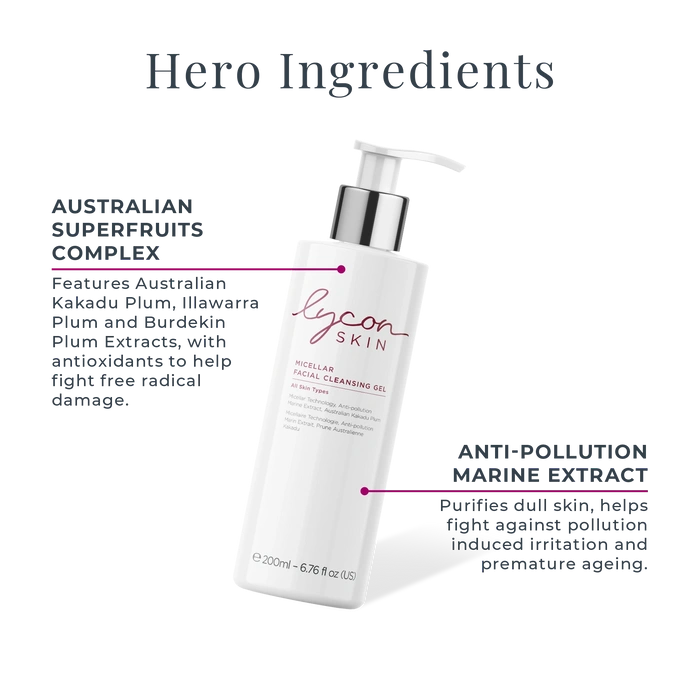 LYCON Skin Micellar Facial Cleansing Gel 200ml met heldere ingrediëntenlabel voor zachte huidreiniging en hydratie