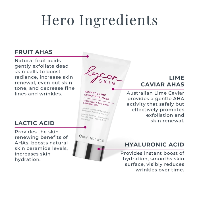 LYCON Skin Radiance Lime Caviar AHA Mask 50ml met ingrediëntenoverzicht voor exfoliatie en stralende huid.