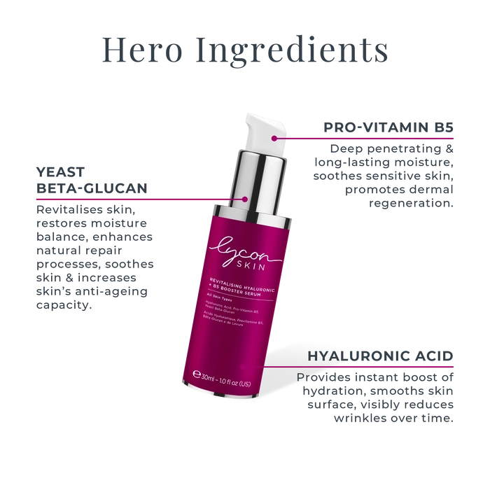LYCON Skin Revitalising Hyaluronic + B5 Booster Serum 30ml met hyaluronzuur en panthenol, hydraterend en anti-aging.