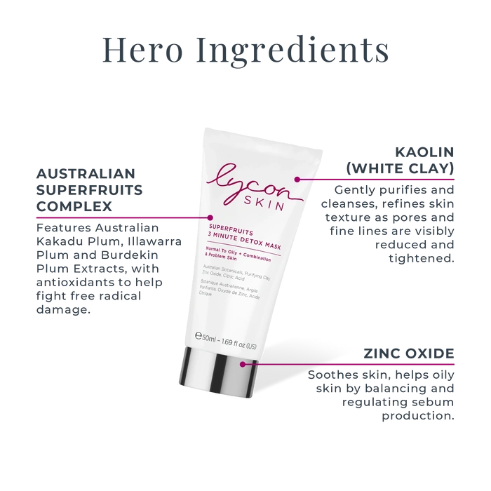 LYCON Skin Superfruits 3 Minute Detox Mask 50ml - verpakking met heldere ingrediëntenlijst en voordelen voor de huidverzorging