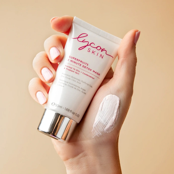 LYCON Skin Superfruits 3 Minute Detox Mask 50ml in hand with creamy texture, ideal for oily and combination skin.