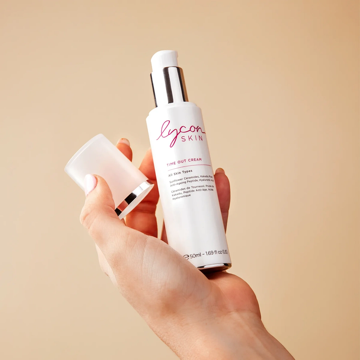LYCON Skin Time Out Night Cream 50ml in hand, elegant packaging with pump, perfect for nighttime skin recovery.