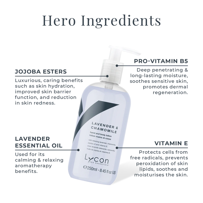 Lycon Lavender & Chamomile Hand & Body Lotion 250ml met hydraterende ingrediënten voor optimale huidverzorging.
