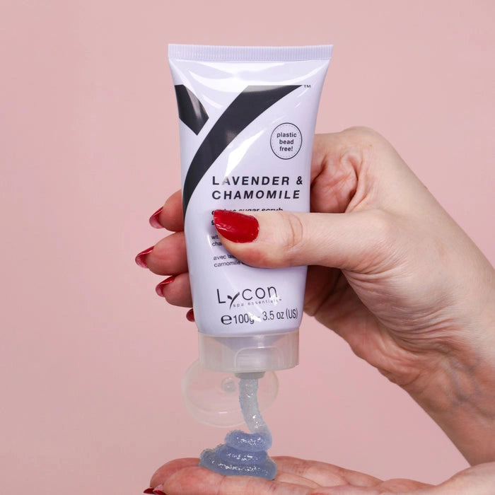 Lycon Lavender & Chamomile Sugar Scrub 100g in hand, showcasing the soothing gel texture for travel and relaxation.