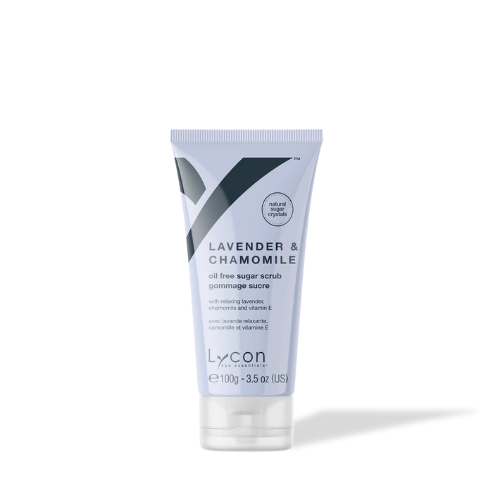 Lycon Lavender & Chamomile Sugar Scrub 100g, luxe scrubs met lavendel en kamille, perfect voor hotel en reis.