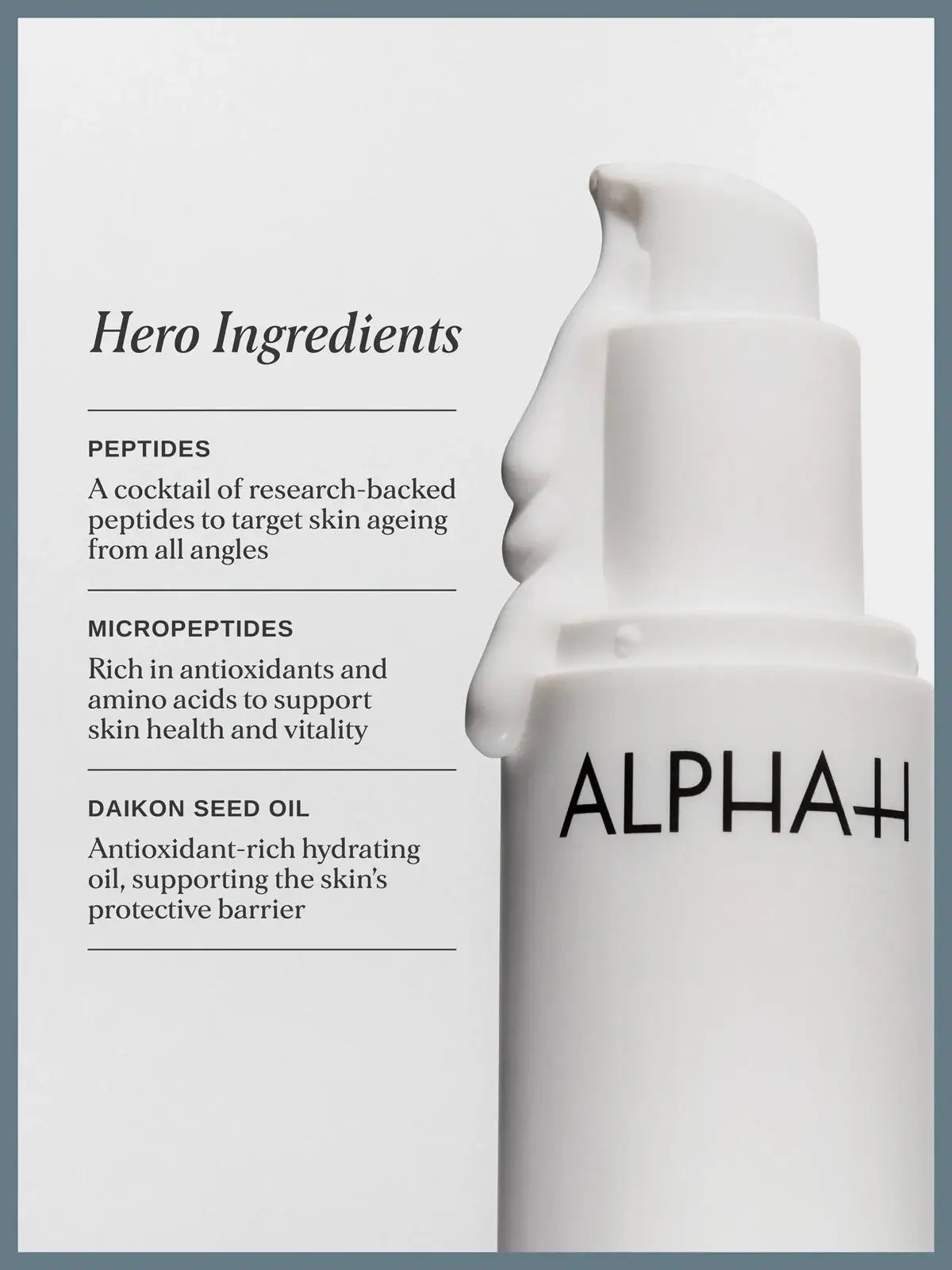 Alpha-H Multi-Peptide Revitalise Serum 30ml showing hero ingredients: peptides, micropetides, and daikon seed oil.