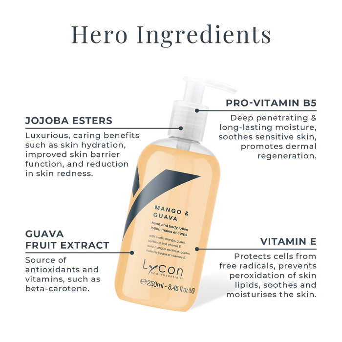 Lycon Mango & Guava Hand & Body Lotion 250ml met ingrediënteninformatie en een handige pompdispenser