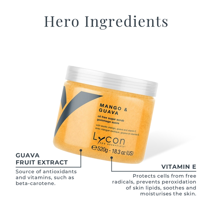 Lycon Mango & Guava Sugar Scrub 520g met heldere textuur en opvallende verpakking, ideaal voor een egale zomerteint.