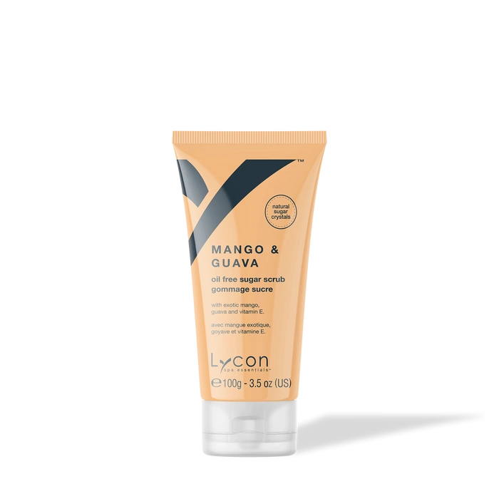 Lycon Mango & Guava Sugar Scrub 100g, tropical exfoliant in tube with mango and guava extract, oil-free formula for glowing skin.