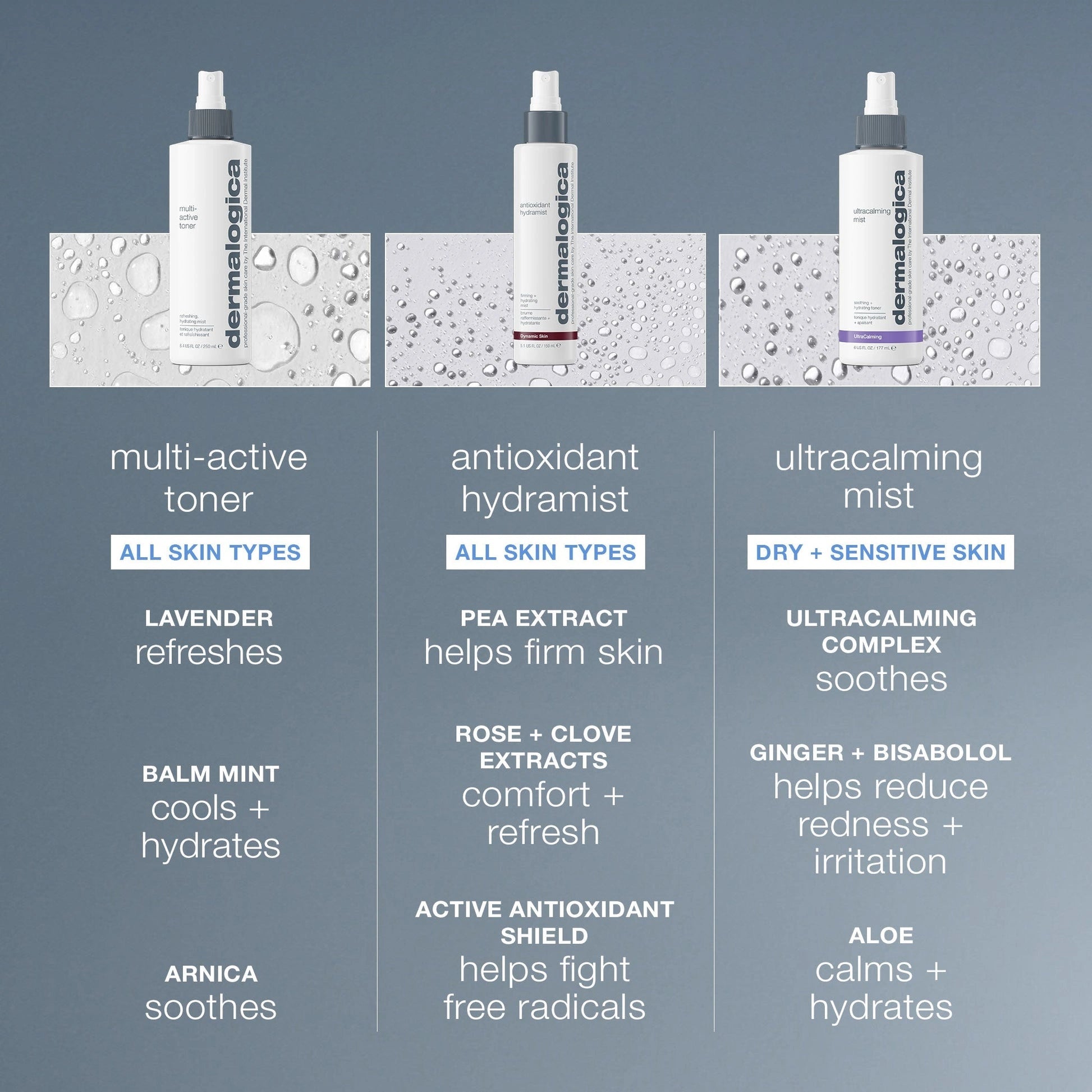 Dermalogica Multi-Active Toner 250ml met hydraterende ingrediënten als lavendel en arnica voor een frisse huid.