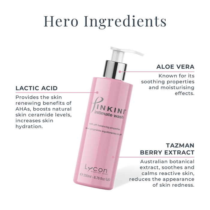 Lycon Pinkini Intimate Wash 200ml met heldere ingrediëntenlabels en gebruiksinformatie voor optimale intieme verzorging