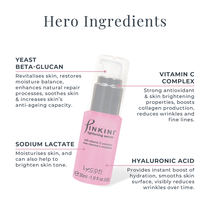 Lycon Pinkini Lightening Serum 30ml met vitamine C en ingrediënteninformatie voor huidverlichting en verzorging.