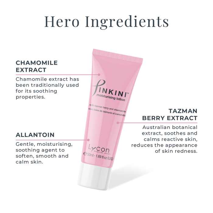 Lycon Pinkini Moisturising Lotion 50ml met details van de actieve ingrediënten en textuur in een roze tube.