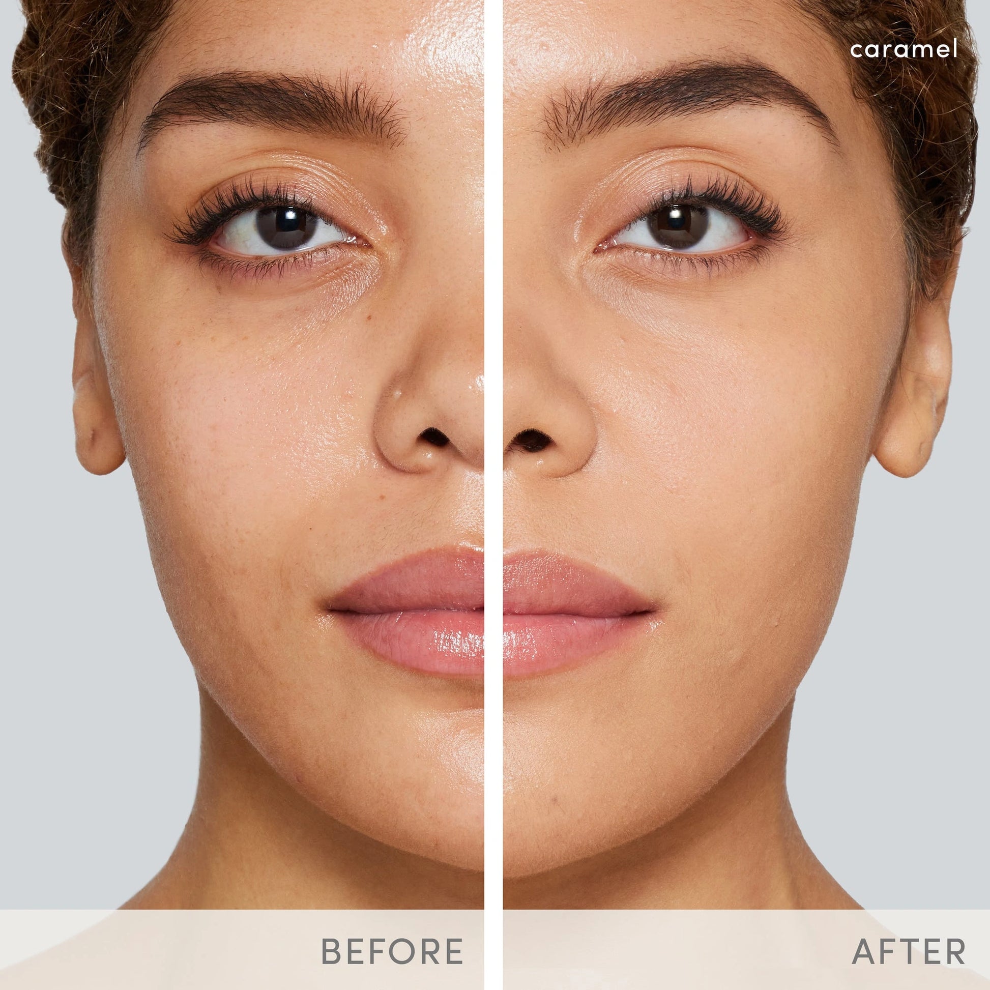 Jane Iredale PurePressed Base SPF20 Refill Caramel 9,9g voor een verbeterde teint en stralende huid, voor en na toepassing.