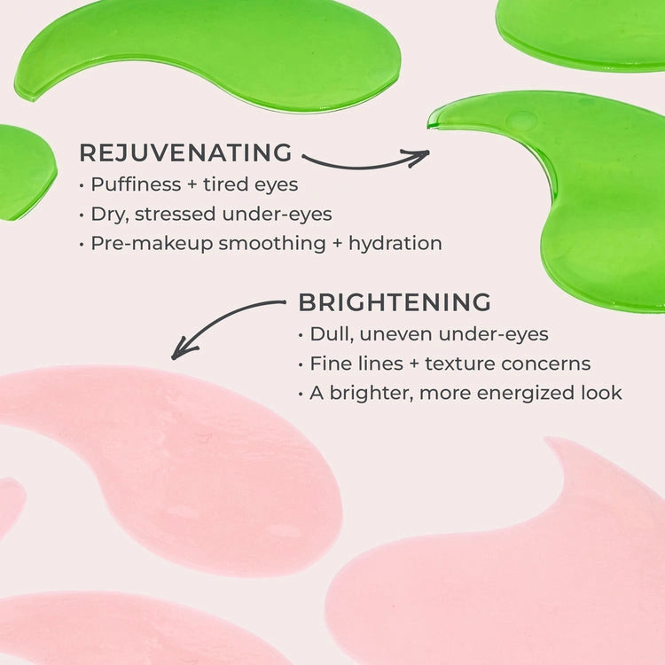 PUR Mellow Eyes Hydrogel Rejuvenating Eye Patches 60pc met groene en roze hydrogel voor verlichting van vermoeide ogen.