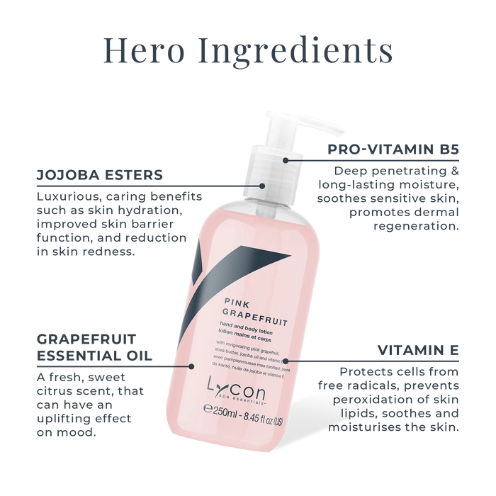 Lycon Pink Grapefruit Hand & Body Lotion 250ml met hoofdingrediënten voor intensieve hydratatie en verzorging.