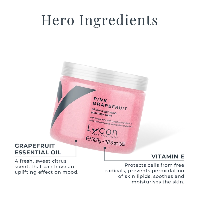 Lycon Pink Grapefruit Sugar Scrub 520g met heldere ingrediënteninformatie en opwekkende textuur