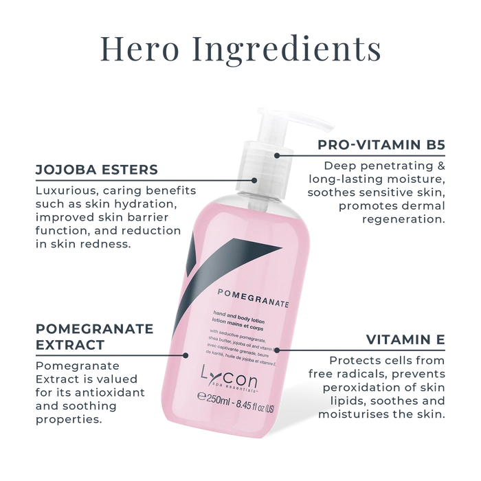 Lycon Pomegranate Hand & Body Lotion 250ml met essentiële ingrediënten voor hydratatie en verzorging van de huid