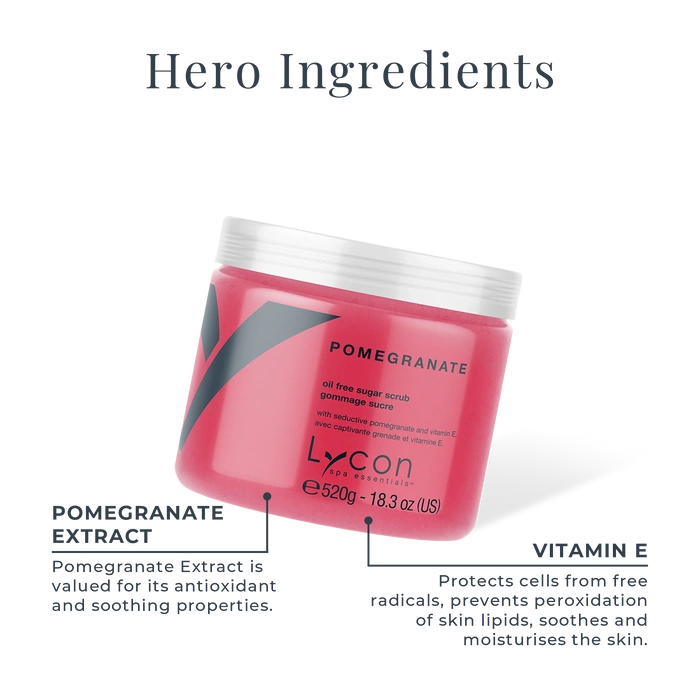 Lycon Pomegranate Sugar Scrub 520g in a clear container highlighting key ingredients for skincare.