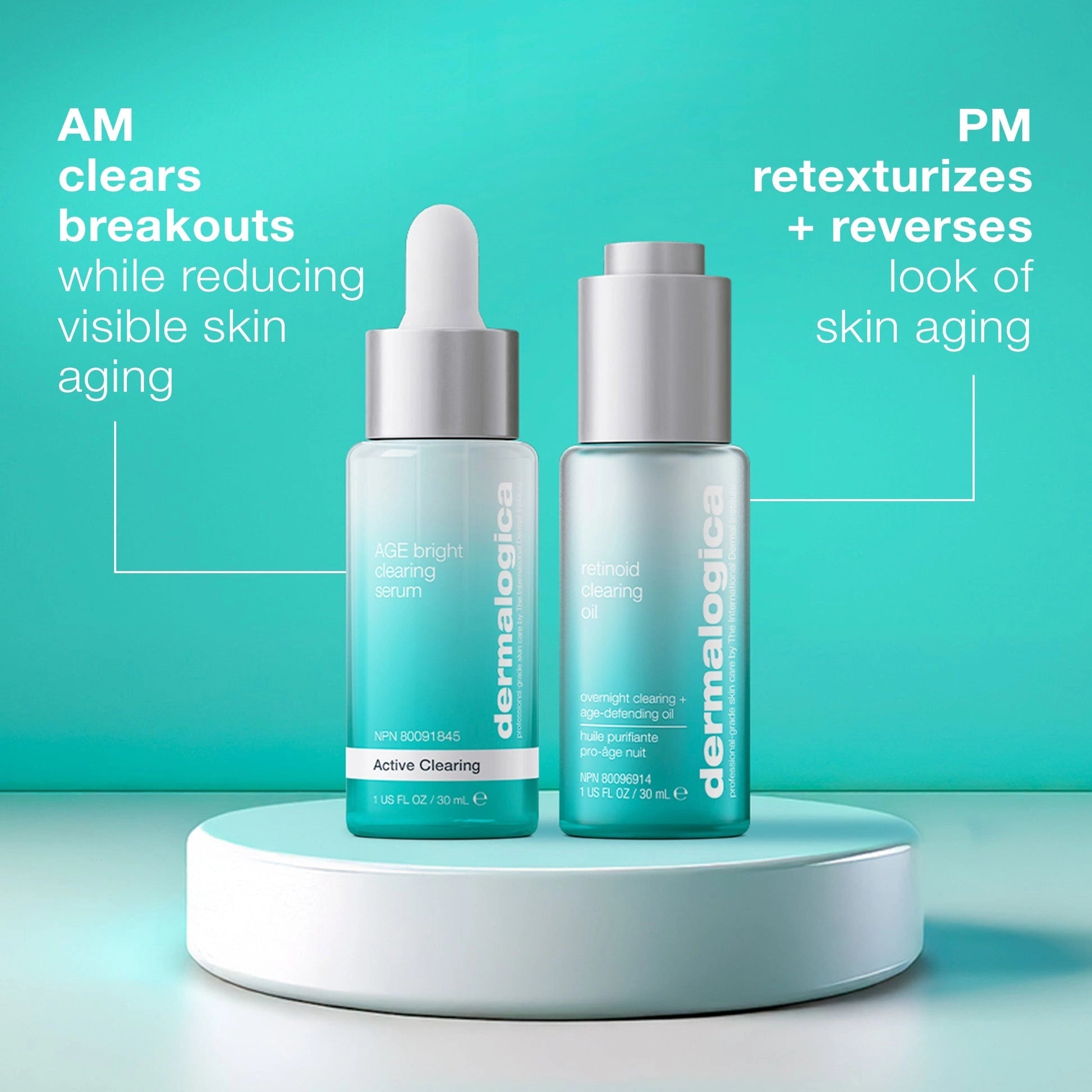 Dermalogica Retinol Clearing Oil 30ml naast AGE Bright Clearing Serum op een minimalistische basis, ideaal voor huidverzorging.