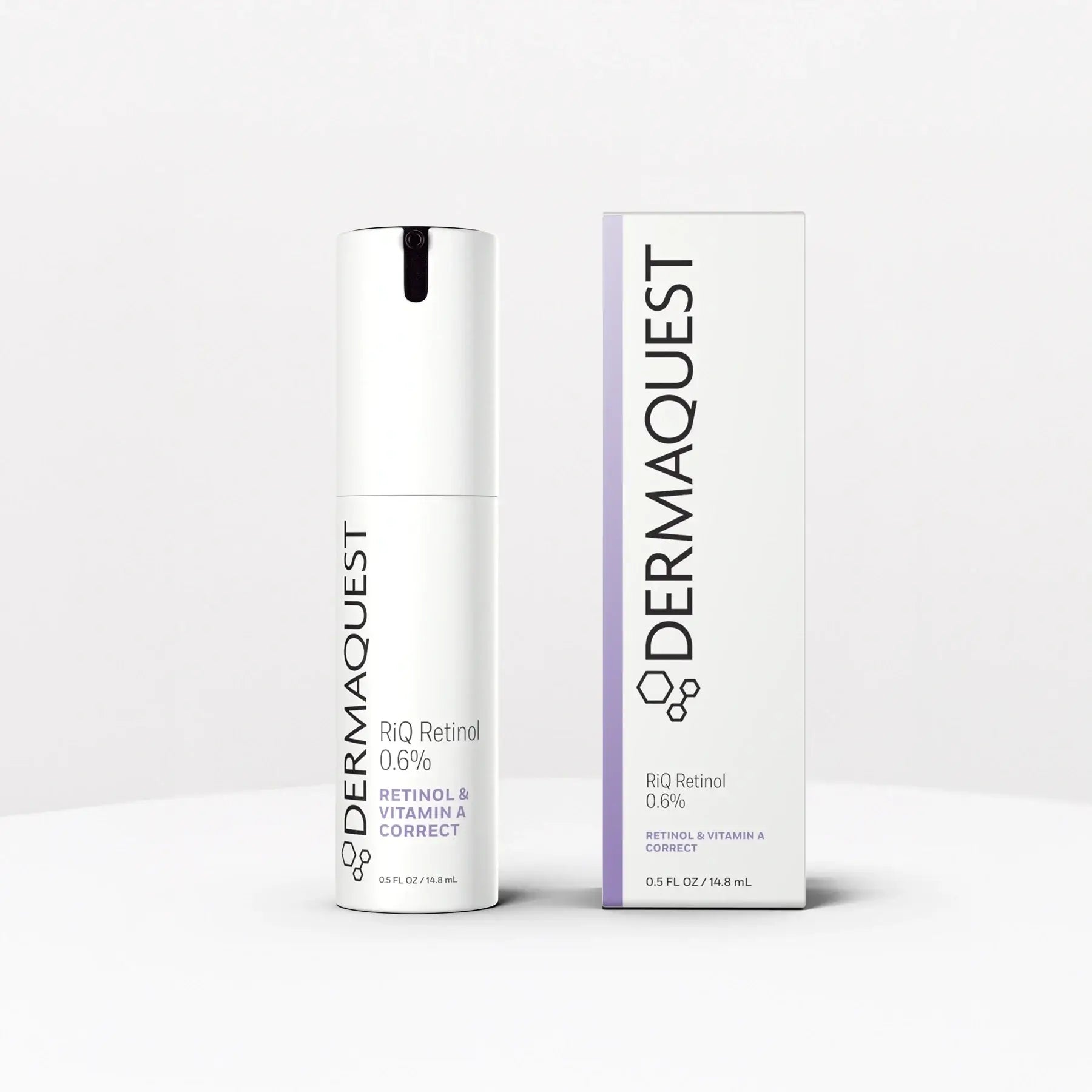 DermaQuest RiQ Retinol 0.6% 14,8ml flesje met verpakking, ideaal voor rimpelverbetering met hoge retinolconcentratie.