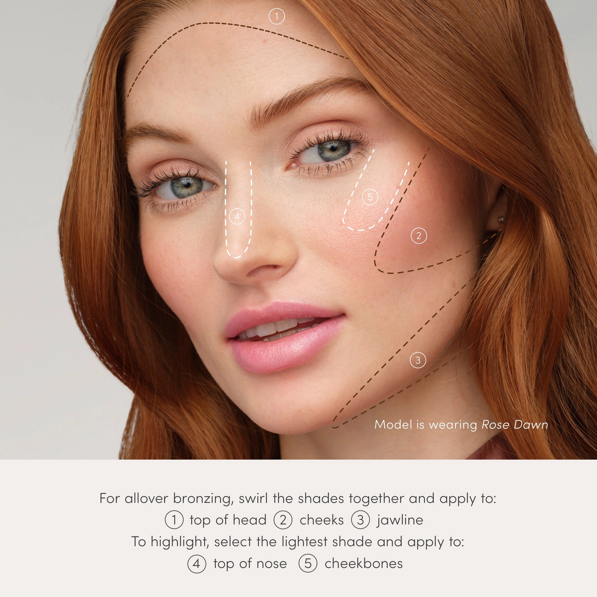 Jane Iredale PureBronze Shimmer Bronzer Refill Rose Dawn 9,9g op model met instructies voor toepassing op het gezicht.