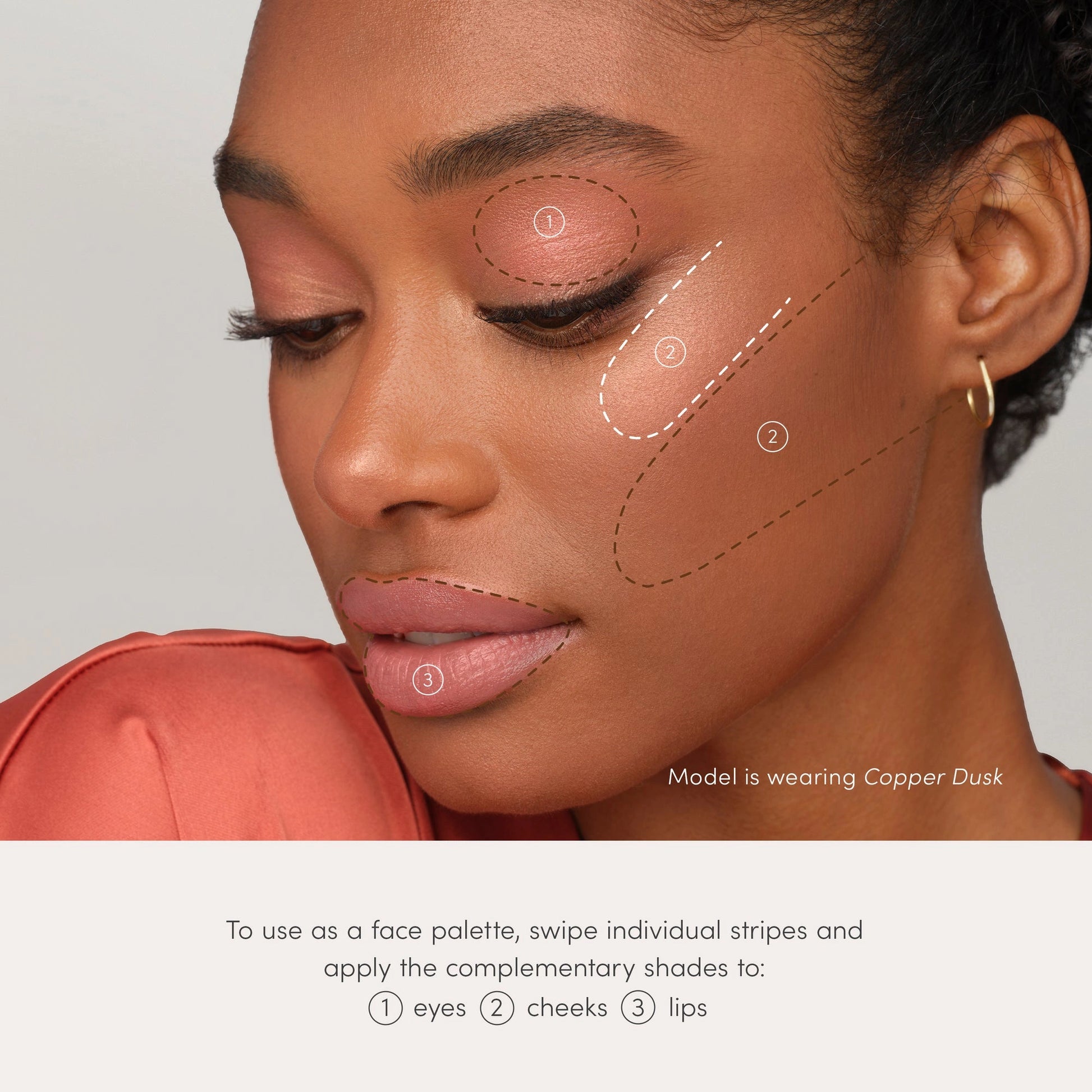 Jane Iredale PureBronze Shimmer Bronzer Refill Copper Dusk 9,9g aangebracht op model met instructies voor ogen, wangen en lippen.