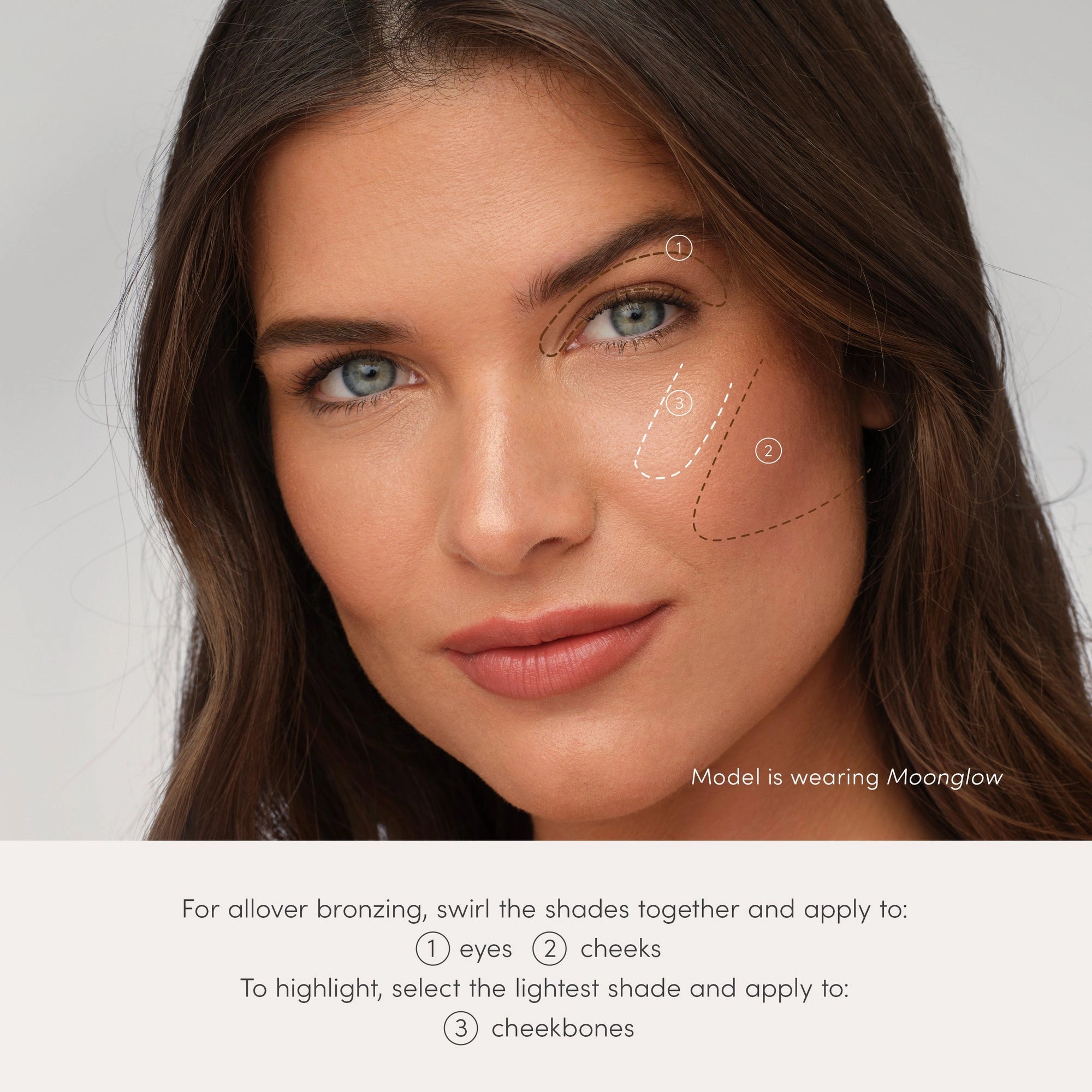 Jane Iredale PureBronze Shimmer Bronzer Refill Moonglow 9,9g op model, geeft een zongekuste glow voor ogen, wangen en jukbeenderen.