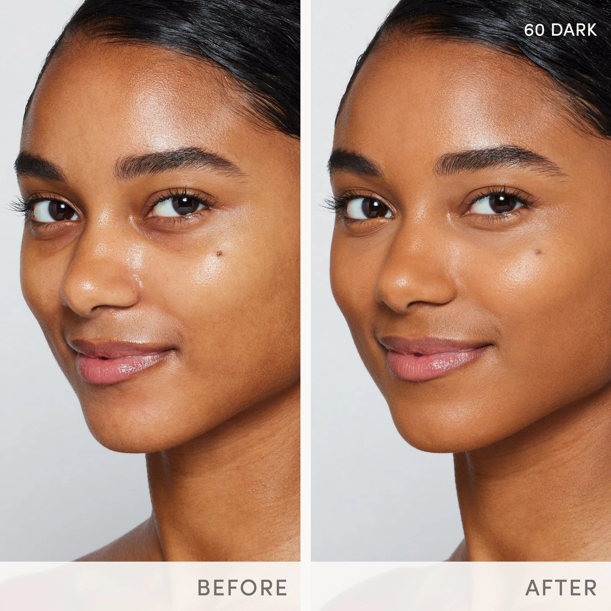 Jane Iredale Skintuition SPF30 Radiance-Boosting Liquid Foundation 60 Dark voor een stralende teint, voor en na gebruik