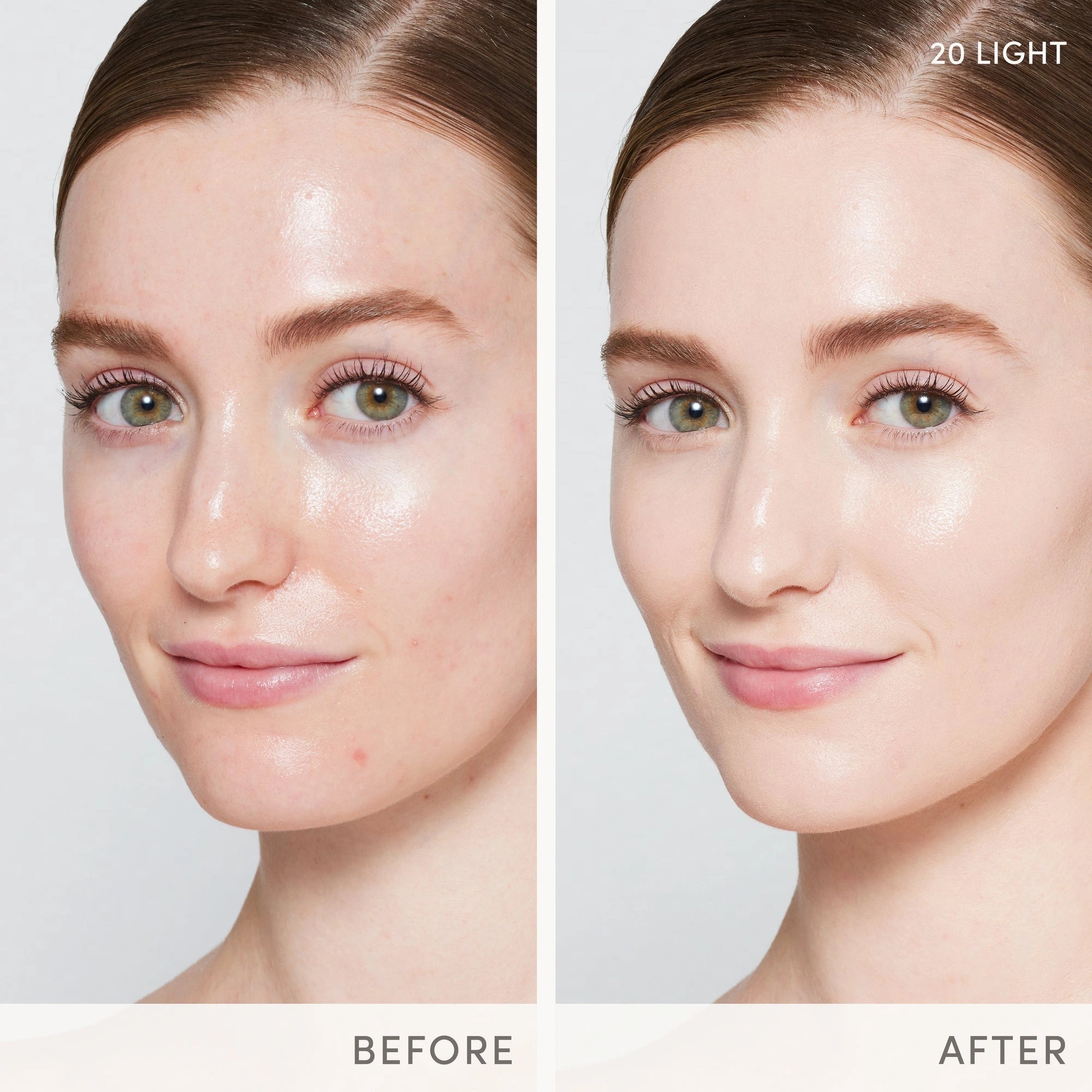 Jane Iredale Skintuition SPF30 Radiance-Boosting Liquid Foundation 20 Light 30ml voor een stralende huid vóór en na toepassing.