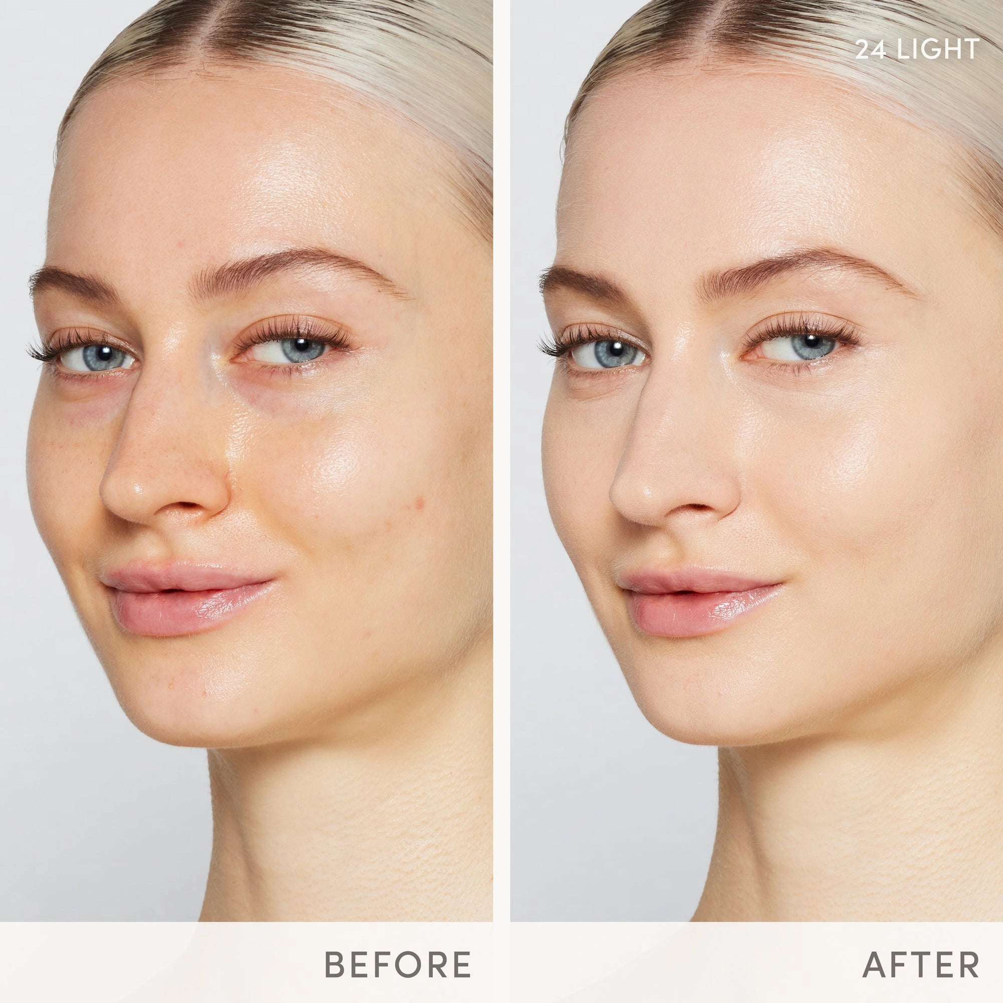 Jane Iredale Skintuition SPF30 Radiance-Boosting Liquid Foundation 24 Light 30ml voor en na toepassing op een model.