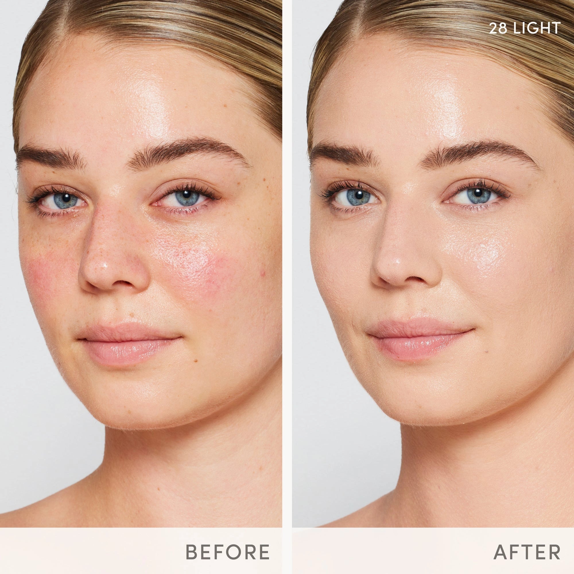 Jane Iredale Skintuition SPF30 Radiance-Boosting Liquid Foundation 28 Light 30ml voor en na resultaat bij lichte huid