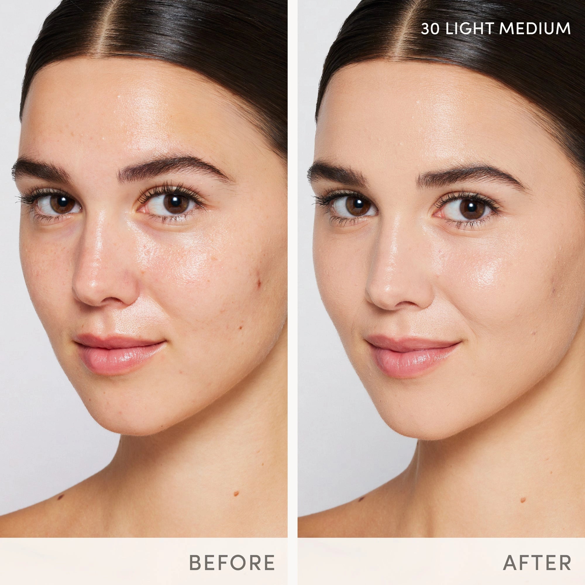 Jane Iredale Skintuition SPF30 Radiance-Boosting Liquid Foundation 30 Light Medium 30ml voor en na toepassing met stralende huid.