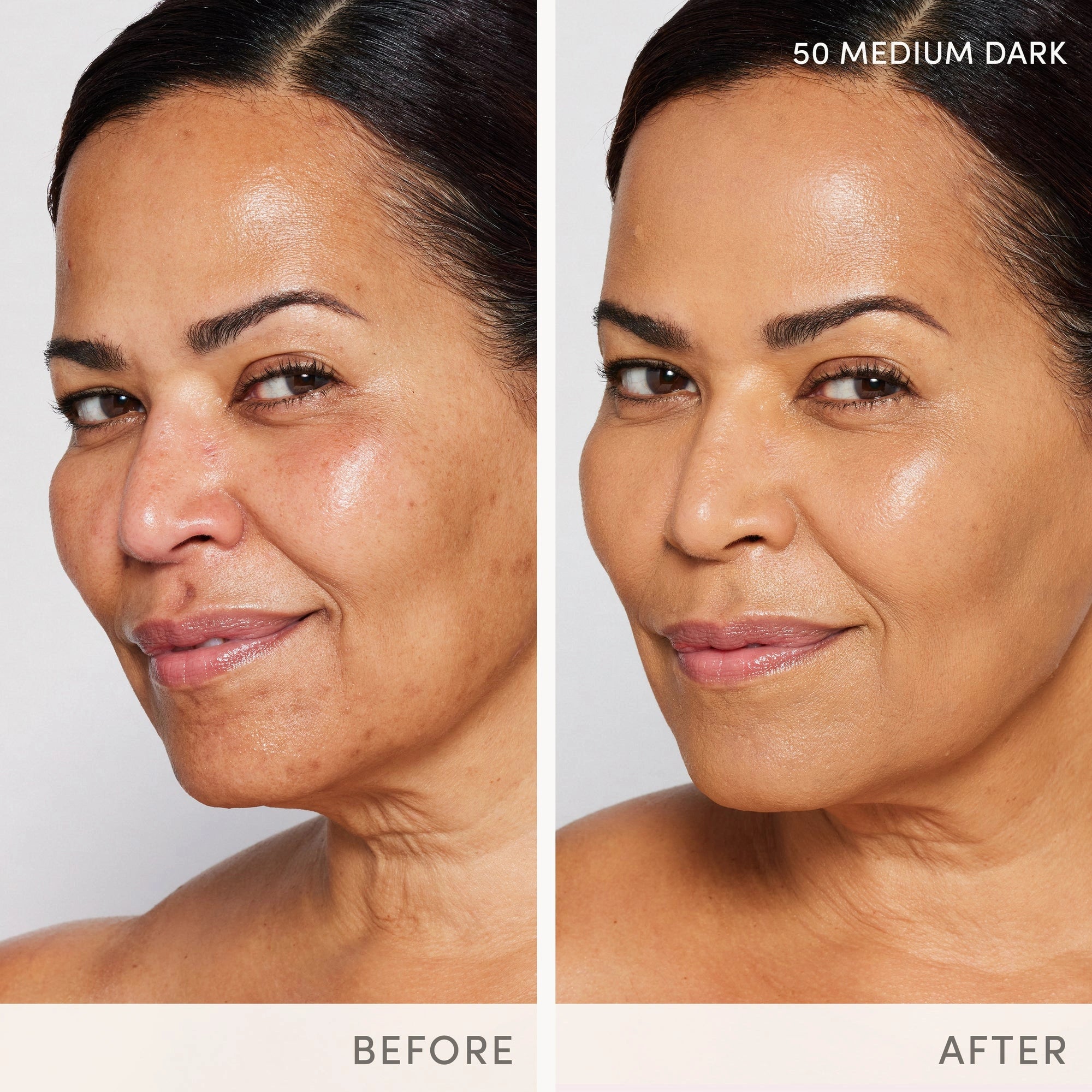 Jane Iredale Skintuition SPF30 Radiance-Boosting Liquid Foundation 50 Medium Dark voor een stralende teint, voor en na resultaat.