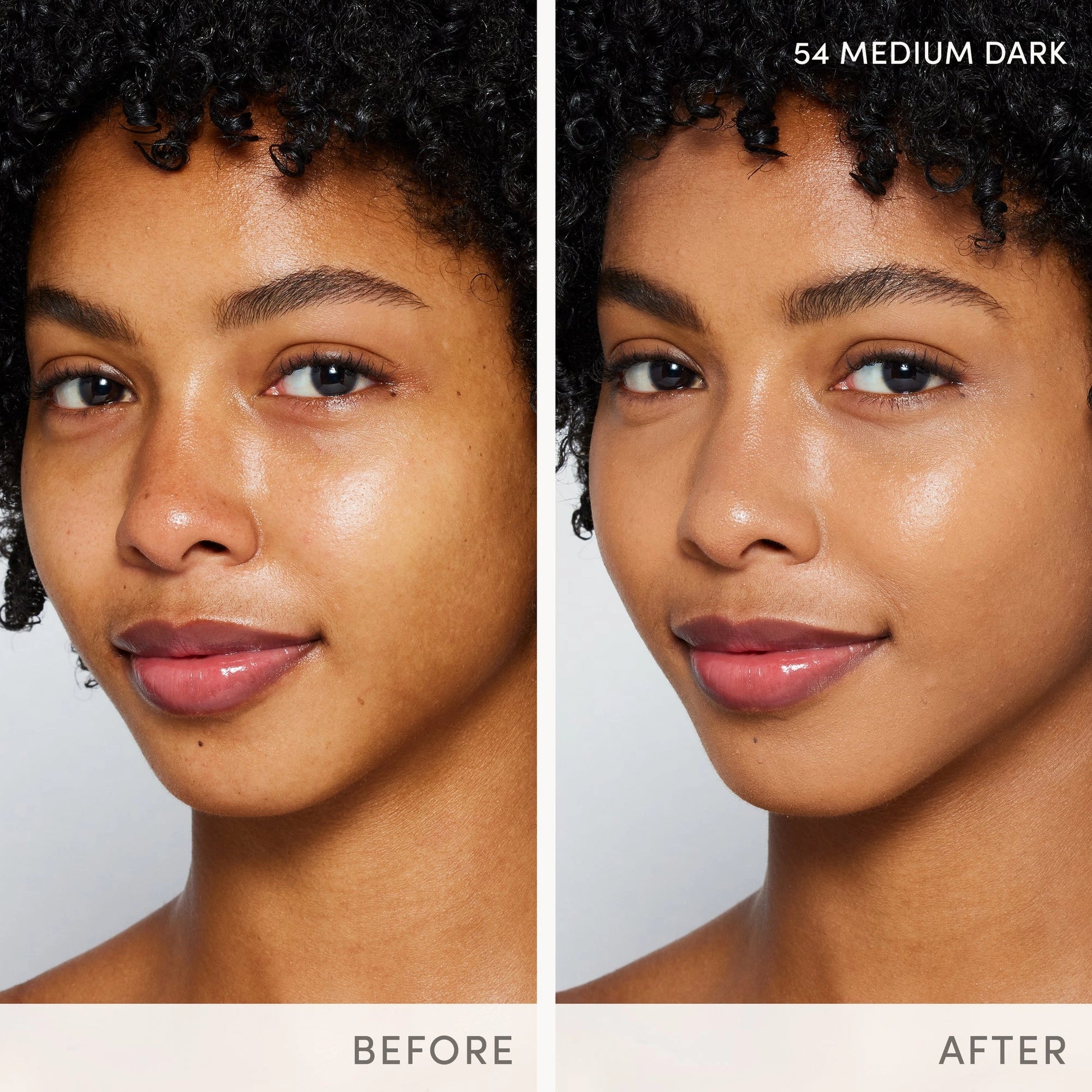 Jane Iredale Skintuition SPF30 Radiance-Boosting Liquid Foundation 54 Medium Dark voor en na gebruik op een model.