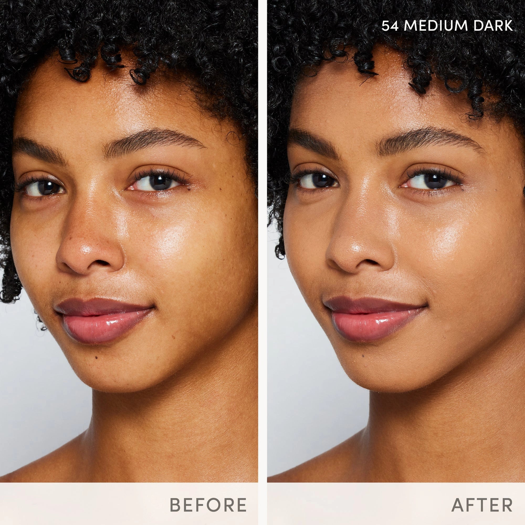 Jane Iredale Skintuition SPF30 Radiance-Boosting Liquid Foundation 54 Medium Dark voor en na gebruik op een model.